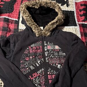 Black Zip Up Hoodie with Faux Fur Trim